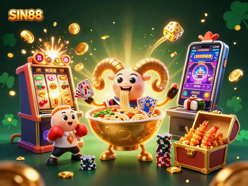 SIN88 showcases a vibrant casino scene with a giant ramen bowl character dealing cards amidst a jackpot explosion.