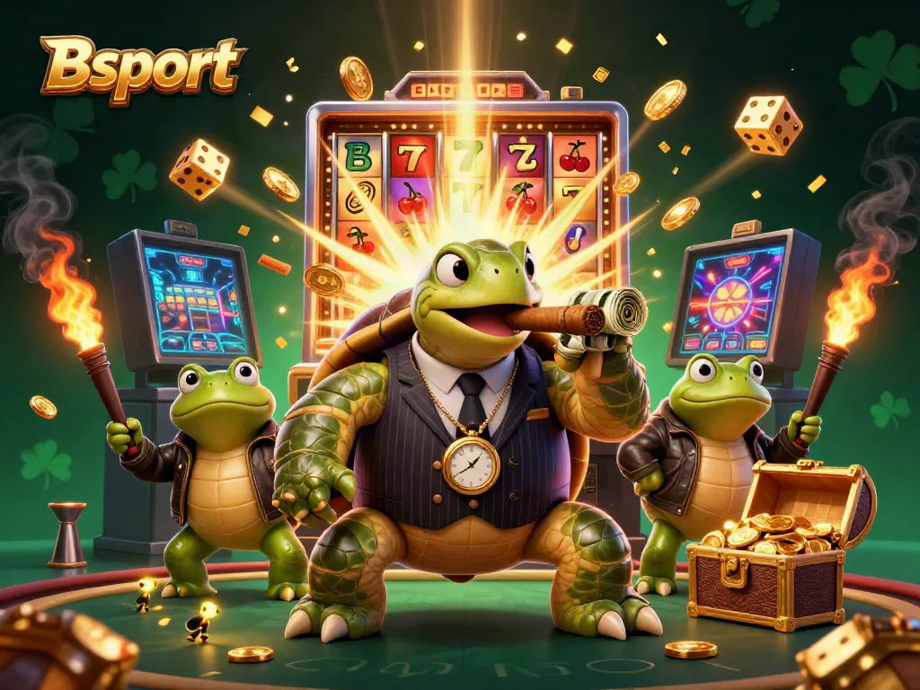 Bsport showcases a lively 3D fantasy casino scene with a snapping turtle mobster amidst slot machines and vibrant game elements.