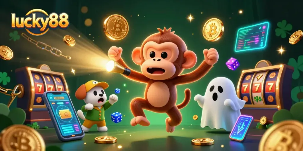 Engage with lucky88 by spinning vibrant slot reels amid a haunted casino scene.