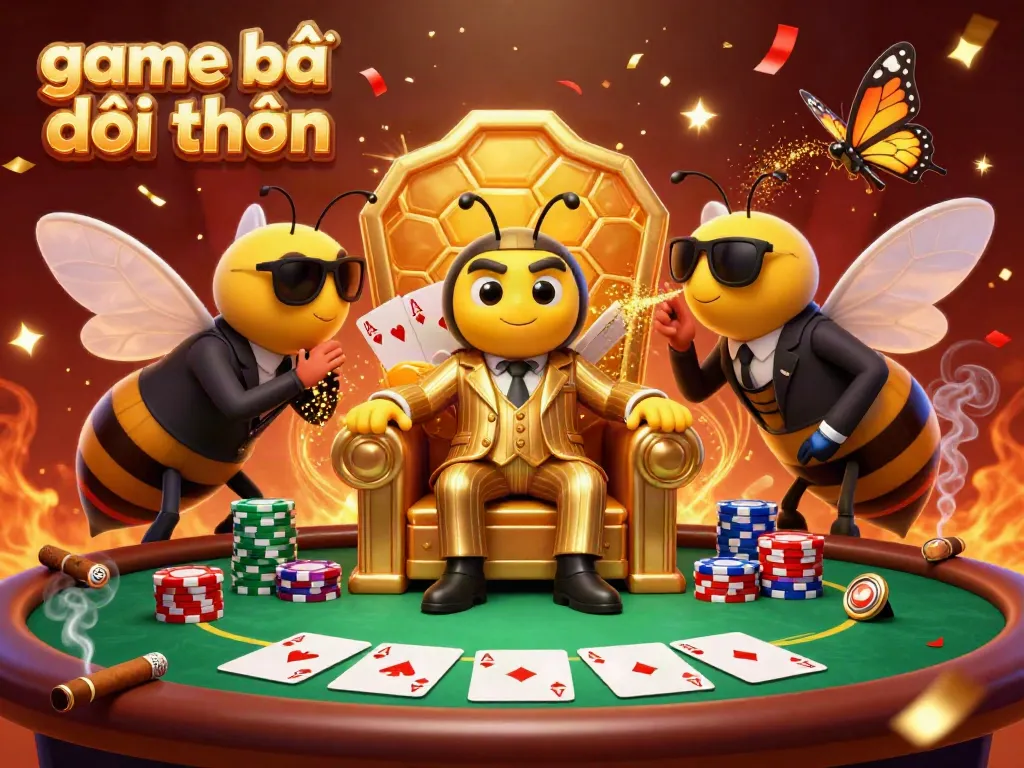 Engaging illustration of a bumblebee mob boss in a golden suit amid poker action, representing game bài đổi thưởng.