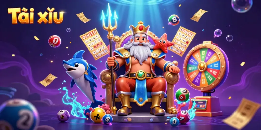 Tài xỉu game illustration featuring Neptune and immersive casino elements.