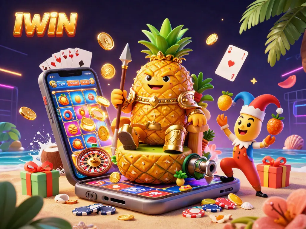 Spin to win with IWIN in this vibrant casino scene featuring a pineapple king and gaming elements.