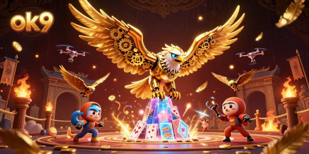 Engage in thrilling gameplay with ok9—featuring a golden eagle amidst holographic cards in a vibrant casino.