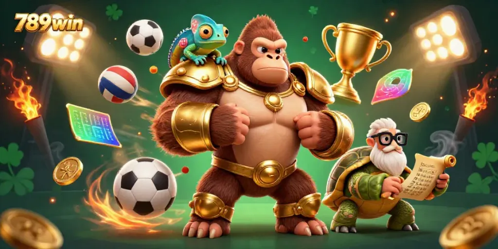 Join the king of sports betting, 789win, with a dynamic 3D illustration of a powerful gorilla, chameleon spy, and wise tortoise.