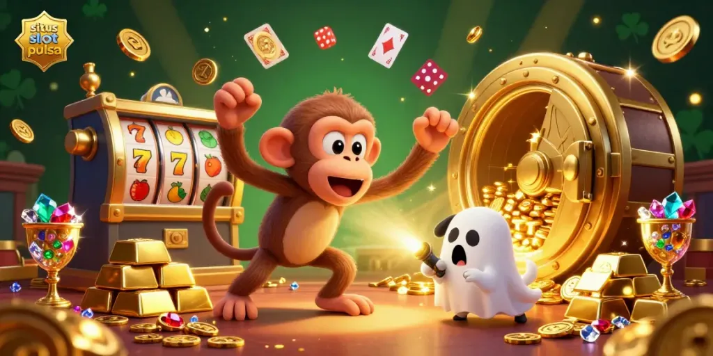 Savor the excitement at situs slot pulsa with a 3D illustration of a playful poltergeist monkey juggling treasures in a casino.