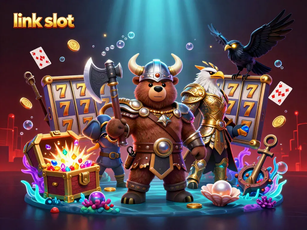 Engage with the link slot experience featuring slot reels and sparkling treasures in a vibrant casino scene.