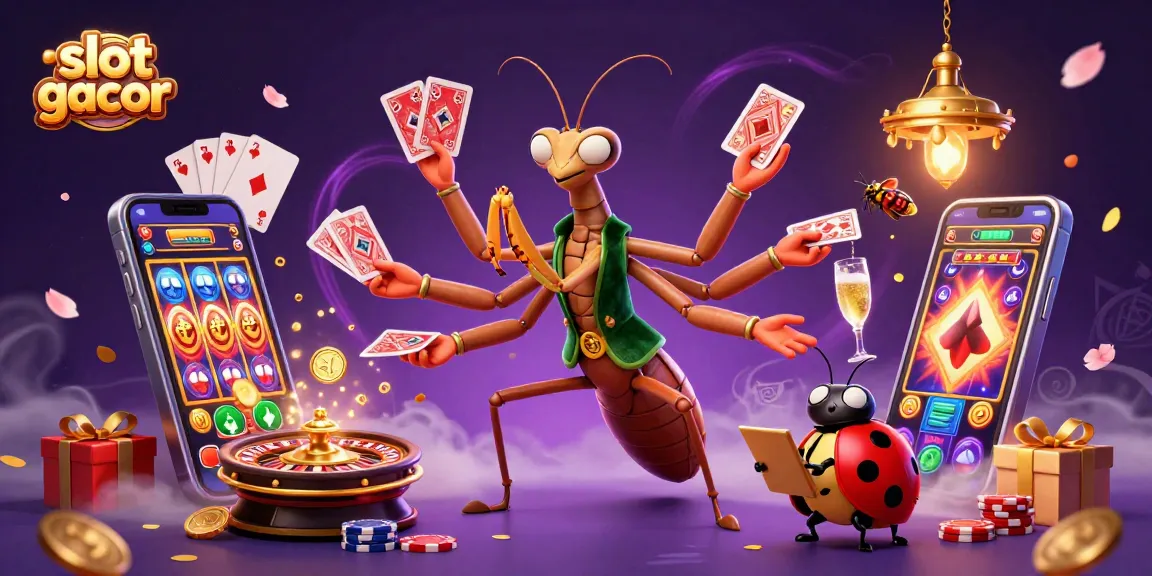 Engage with slot gacor action featuring an illustrated mantis in a casino setting.