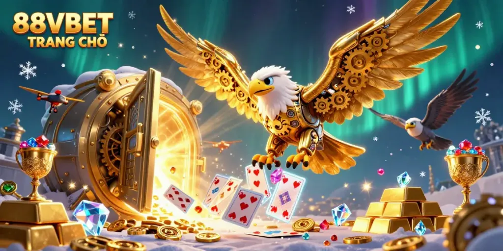 Engage in thrilling play with the vibrant 88VBET TRANG CHỦ casino illustration featuring golden treasures and playful dynamics.