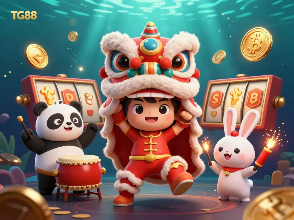 Engage with TG88 where a lion dance and vibrant casino elements create an exhilarating gaming experience.