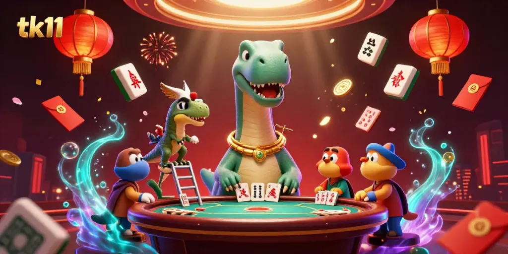Experience the vibrant tk11 casino scene featuring whimsical dinosaurs and festive game elements.