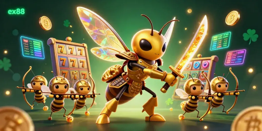 Experience the excitement of ex88 with golden hornet samurai and slot reels in a dazzling 3D digital casino.