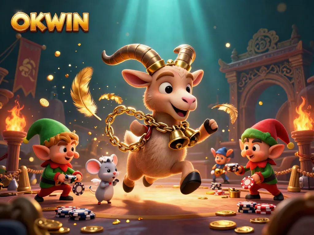 Experience the excitement of OKWIN casino with cartoon characters in a festive gambling scene.