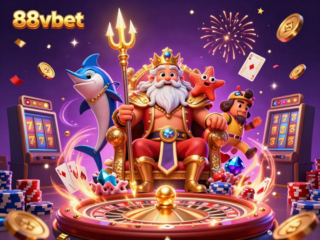 Experience jackpots and thrills with 88vbet's vibrant casino scene featuring Neptune and treasure.
