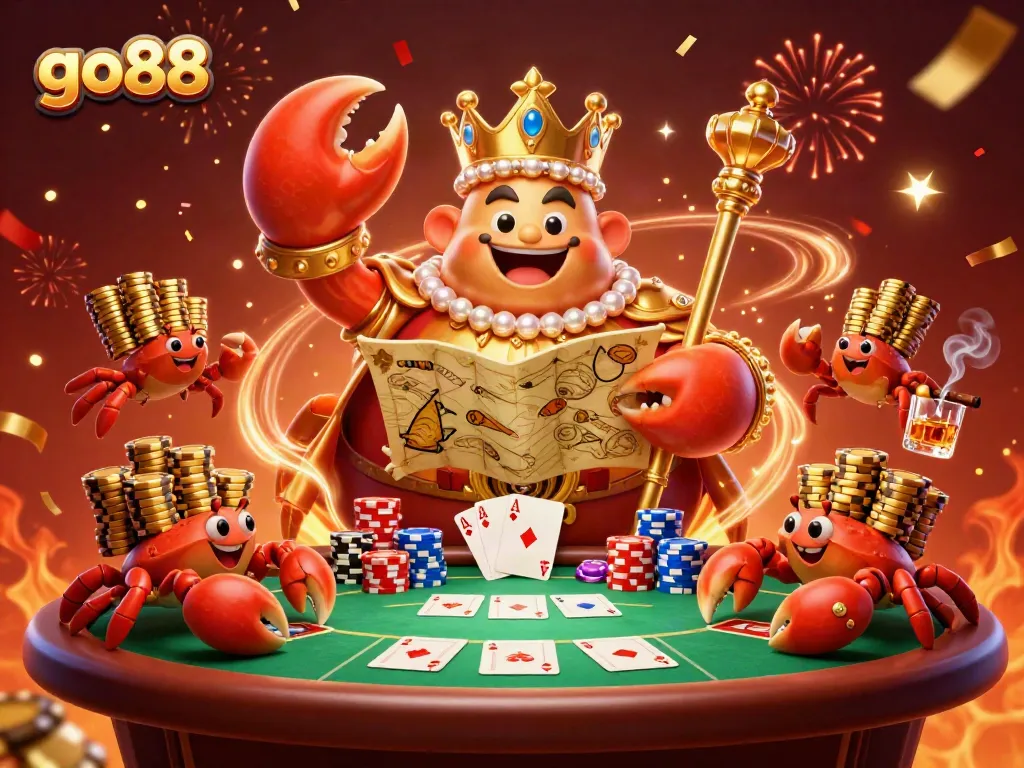 Engage with go88's vibrant online casino world featuring intricate details and a royal crab emperor.