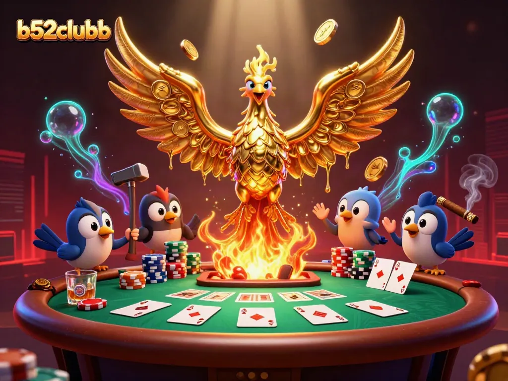 Win big at b52clubb with a dynamic 3D casino illustration showcasing poker action.