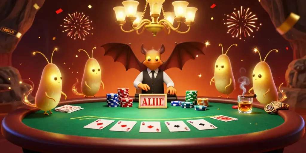 Experience the thrilling atmosphere of 88CLB in this colorful 3D casino scene with glowworms and a bat dealer.