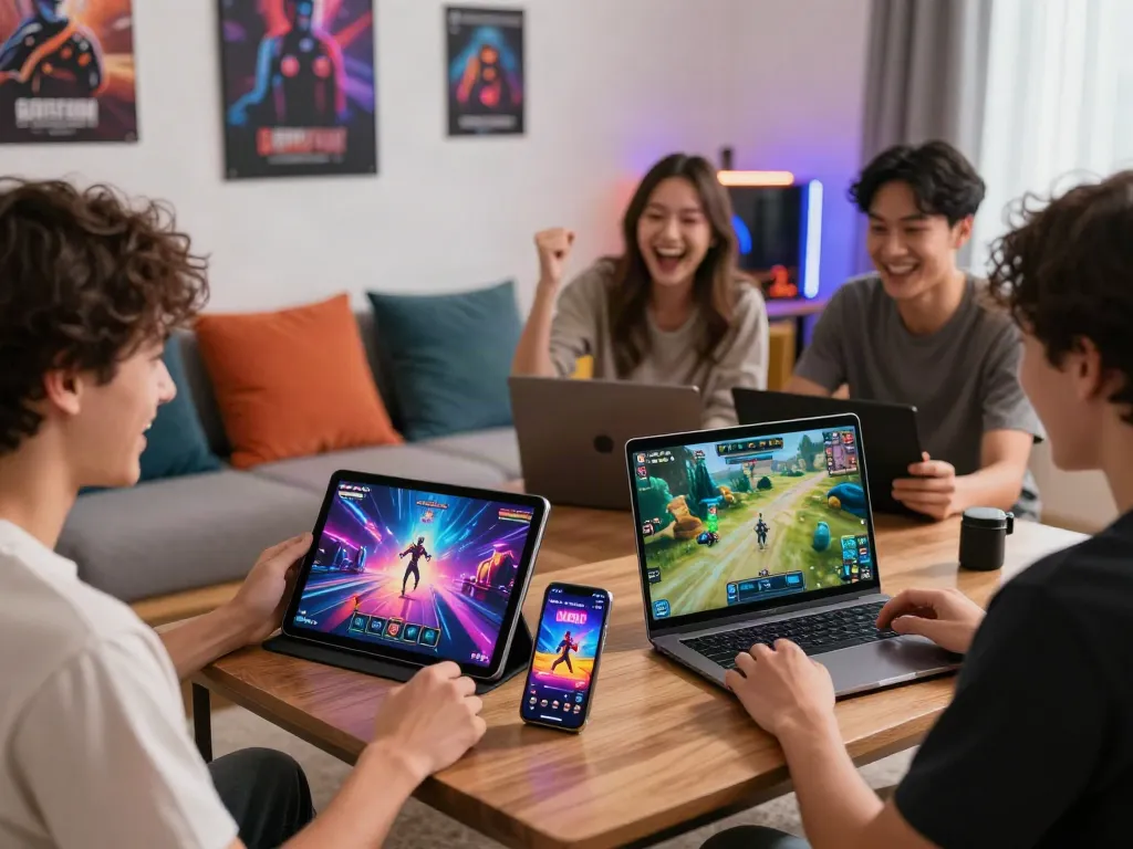 Users enjoying garuda404 games on various devices in a vibrant gaming lounge.