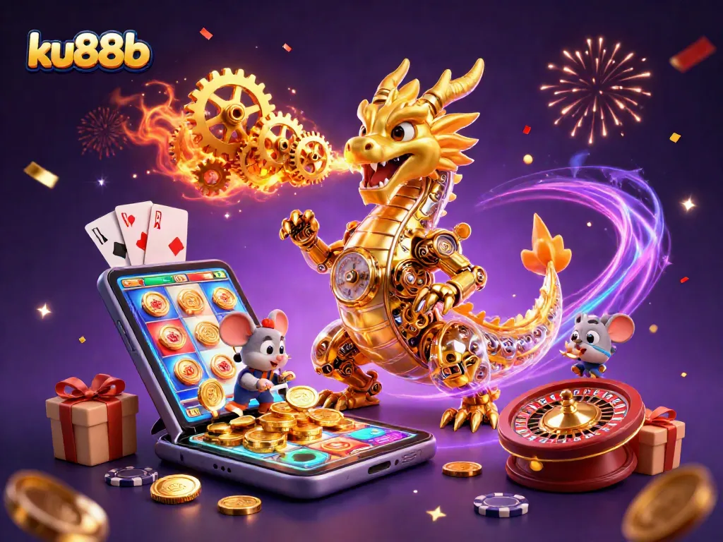 Engage with ku88b's thrilling slots and casino games as a dragon unleashes golden gears.