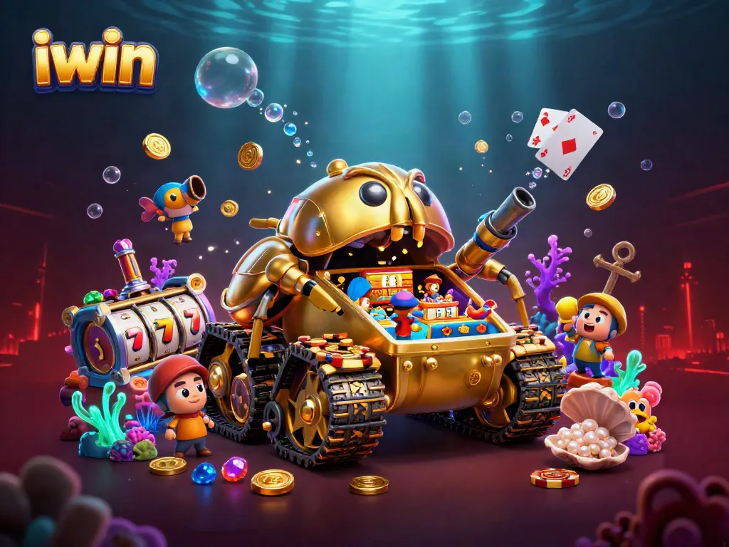 Engage with the vibrant iwin casino experience in a dynamic underwater scene filled with gold and games.