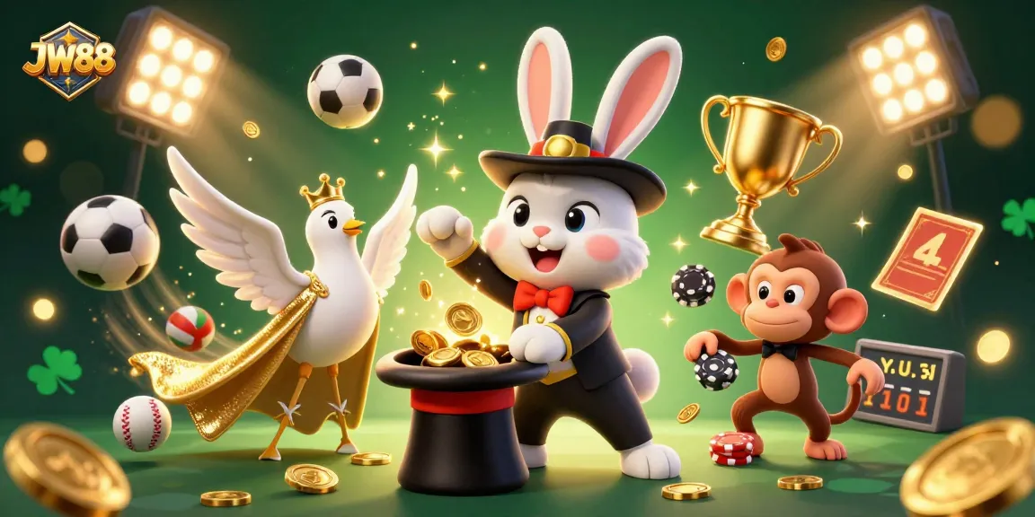 Experience the thrill of JW88 as a magician rabbit pulls coins, surrounded by dynamic sports elements and vibrant casino imagery.
