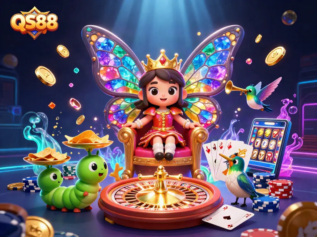Experience the excitement of QS88 casino with vibrant games, chips, and a magical butterfly queen.