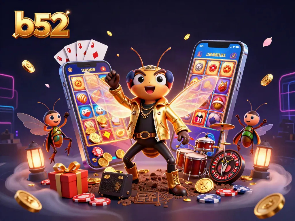 b52 slots action featuring rock star cicada, beetle drummer, and vibrant gaming elements