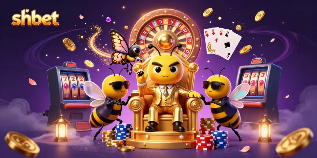 Engage with shbet's thrilling gaming world featuring a bumblebee mob boss surrounded by vibrant casino elements.
