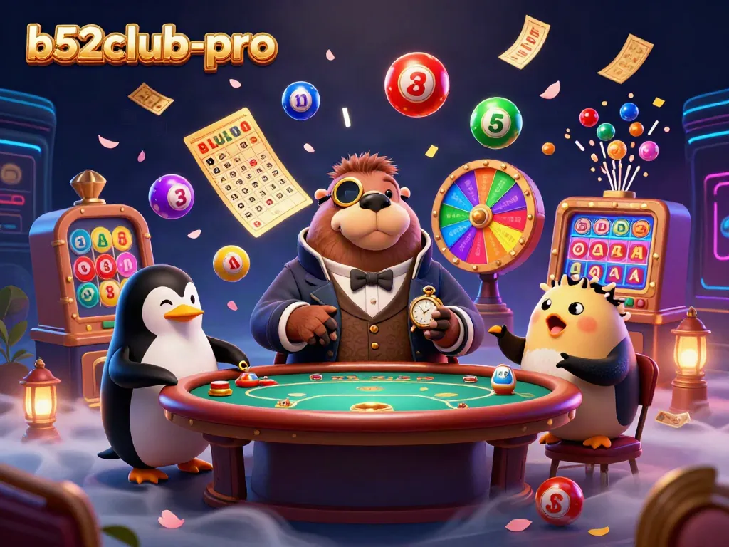 Engage in thrilling underwater gaming at b52club-pro with a whimsical walrus, penguin dealer, and colorful casino elements.